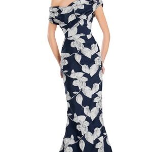 Alexander by Daymor 3044 Off-Shoulder Navy Silver Jacquard Floral Evening Gown